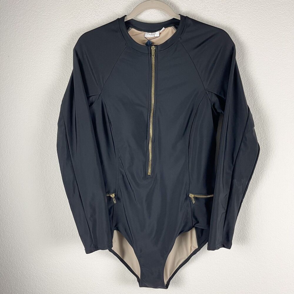 Cabana Life One Piece Swimsuit Womens XL Black Zip Front Pockets UPF 50 NWT